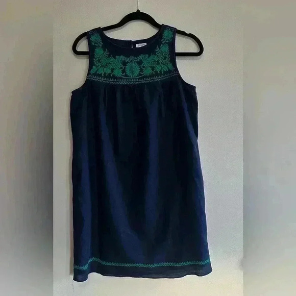 J Crew Factory Shift Dress Navy/Green Embroidered Linen Blend Pockets - Sz Small - Picture 2 of 12